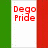 Pixelated red text 'Dego Pride' on white background with green and red vertical sidebars, framed by small light squares.