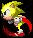 Pixelated character with spiky yellow hair and red shoes, shown in four sequential poses against black background.