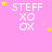 Pink background with white text 'STEFF XO OX' repeated in a , yellow and pink stars scattered across the image