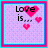 Pixelated icon with pink heart symbols and text phrases on a light purple background, framed by blue and pink borders.