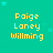 Pixelated text 'Paige Laney Willming' repeated in a on teal background with light blue stars, no visible animation changes