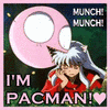 Pixelated anime-style icon with silver-haired character in red outfit, pink Pac-Man ghost, and text elements on dark green background.