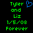 Green pixelated text on black background reads 'Tyler and Liz 1/5/08 Forever' with a blue heart symbol above the names.