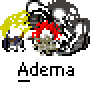 A 3x3 contact sheet of pixel art animated frames showing a band-themed icon with fire, figures, and motion effects beneath the text 'Adema' on gray background.