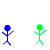 Animated sequence of stick figures in blue and green performing actions like holding guns, interacting with red splatters, and emitting green projectiles against white background.