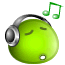Two green spherical figures wearing silver headphones with closed eyes, accompanied by two green musical notes above them.