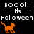 Pixelated orange cat walks left on black background with "BOOO!!! Its Halloween" text above and below, repeated in a