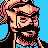 Pixelated 48x48 static icon of a bearded figure with dark hair and glasses against solid blue background, rendered in limited color palette with dithering effects.