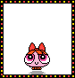 Pixelated cartoon character with pink skin, large eyes, orange hair bow, and striped collar in four positions