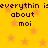 Yellow background with orange stars and repeated pixelated text reading 'everything is about moi' in dark brown.