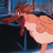 Pixelated cartoon-style icon of a light brown dog with white chest and red collar standing on dark ground against blue background, static single-frame image.