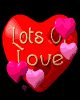 Red heart-shaped icon with 'Lots Of Love' text and floating pink hearts in animated sequence.