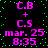 Pixelated text displays C.B, +, C.S, mar. 25, and 8:35 in pink on black with green dots; identical repeated pattern across four sections.