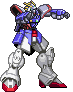 Four pixel-art frames of a blue and white mecha with red accents, yellow hair, and green chest lights in dynamic poses against gray background.