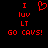 Red pixelated text and symbols on black background: 'I', heart symbol, 'luv', 'LT', 'GO CAVS!' arranged vertically.