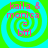 Four identical display pink text over a green and cyan spiral background with visible pixelation