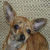 Pixelated close-up of a light brown dog with large ears, dark eyes, and black nose against a muted checkered background.