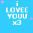 Blue background with white text "i LOVEE YOUU x3" repeated in a , pink and light blue stars scattered around, one gray rectangle in bottom-right corner