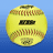 A yellow softball with brown stitching and a black logo on a blue background, next to red text on a black background.