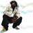 Pixelated figure in crouched pose holding a guitar, with text elements surrounding the image.