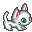 A 4-frame pixel art animation of a white and gray cartoon cat with green eyes, red inner ears, and black outlines in various poses on a gray background.
