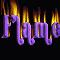 A pixelated image featuring repeated faces with dark hair and orange eyes, purple flame text at top and bottom, and a sequence of animated purple smoke effects in the center.