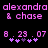 Pixelated text displays 'alexiandra & chase' with date '8.23.07' and star symbols on black background, showing animation change in star count.