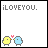 Two pixelated birds face each other with a pink heart between them, above which gray text reads 'iLOVEYOU.' on white background.