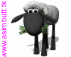 Animated sheep with gray wool, black face, and green grass in mouth, standing on white background with pink vertical text.