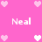 Pixelated pink background with repeated white and light pink heart icons surrounding four instances of the text 'Neal' in pixelated font.