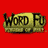 Animated sequence of a pixelated character in black and blue attire performing martial arts moves against a red background with 'WORD FU' text.