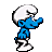 Animated contact sheet of a Smurf character in various walking and running poses with white hat, blue body, and white pants on gray background.