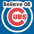 Blue background with white circular border enclosing red 'C' and 'UBS' text, topped by pixelated 'Believe 08' banner.