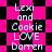 Pixelated text 'Lexi and Cookie LOVE Darren' repeats on a black and pink checkered background with diamond-shaped patterns.