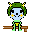 Pixel art character with green spiky hair, yellow horns, blue face, and yellow cheeks sits on brown bench then jumps up smiling with orange sparkles.
