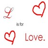 Red and gray stylized 'L' and two red heart outlines with 'is for Love.' text on white background.