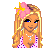 Pixel art contact sheet showing multiple frames of a blonde doll character with pink accessories and text elements in various states.