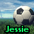 Pixelated soccer ball on grassy field with blue sky background, green text reading 'Jessie' below.