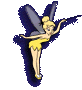 Pixelated fairy with blonde bun, yellow dress, and dark blue wings in four distinct poses against gray background.
