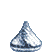 Pixelated yellow smiley face with black eyes and red mouth transitions from closed to open expression while silver Hershey's Kisses appear in background.