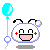 Pixelated character with white rounded head, black antennae, red cheeks, pink mouth, and blue outline holding light blue balloon against gray background.