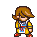 Pixel art character in yellow and blue outfit with red shoes, brown hair, holding a silver hammer-like object that emits blue particle effects.