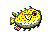 Pixelated yellow fish with red spots, white underbelly, and dark gray outline on light gray background.