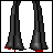 Pixel art of four distinct scenes: black bell-bottom pants with red soles, a person in red shirt playing electric guitar, a woman in red dress with long black hair, and stylized 'ROCK ON!' text