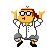 Pixel art character in white shirt and gray pants performing various poses with arms raised, red headband, glasses, and orange skin.