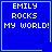 Blue square icon with white pixelated text "EMILY ROCKS MY WORLD!" and light blue border, featuring a heart symbol in top-right corner of one