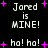 Pixelated text and pink stars on black background with repeated phrases 'Jared is MINE!' and 'ha! ha!' in white font.