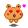 A 4-frame pixel art animation of a brown cartoon bear with red heart eyes, pink hearts floating above it, and varying mouth expressions across frames.