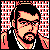 Pixelated static icon featuring a stylized male face with glasses and beard against a black background, framed by red-and-white geometric patterns on both sides.