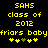 Yellow pixelated text on black background reads 'SAHS class of 2012 friars babyfriars baby' with four yellow plus signs and one brown plus sign below.